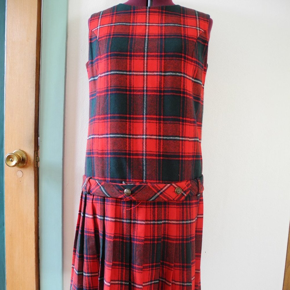 Adorable 60s MOD Red Plaid Drop Waist Midi Dress